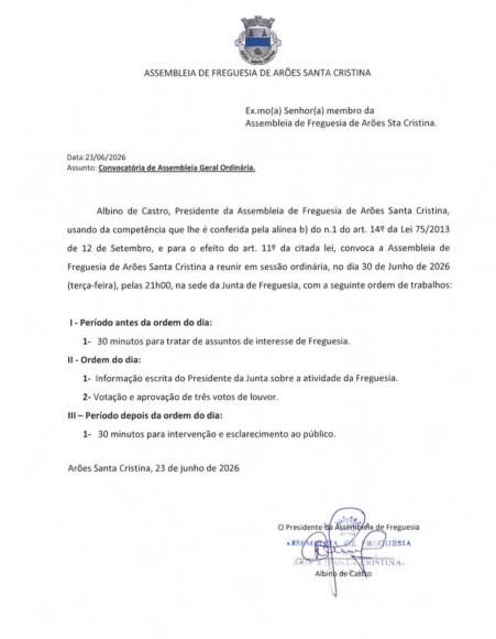 Assembleia de Freguesia de Ar&otilde;es Santa Cristina - 30 de Junho de 2026